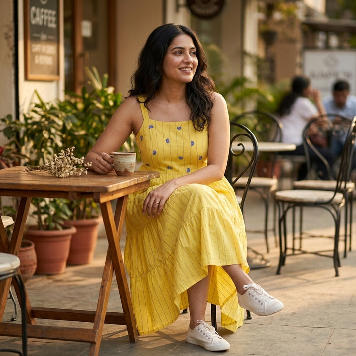 Sunshine Cotton Embroidered Tiered Dress with Pockets