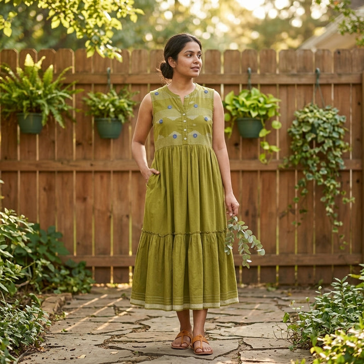 cotton tiered midi dress Fern Embroidered with Pockets Neckline:High wearable elegance Prom Formal Hot Pink Color:Electric Leaf