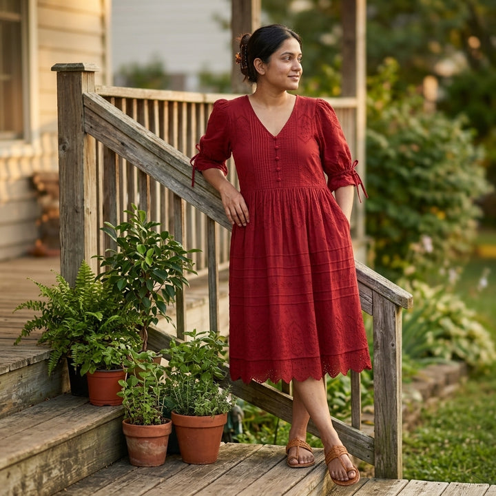 eyelet dress red Scarlet Cotton Eyelet Midi Dress with Pockets