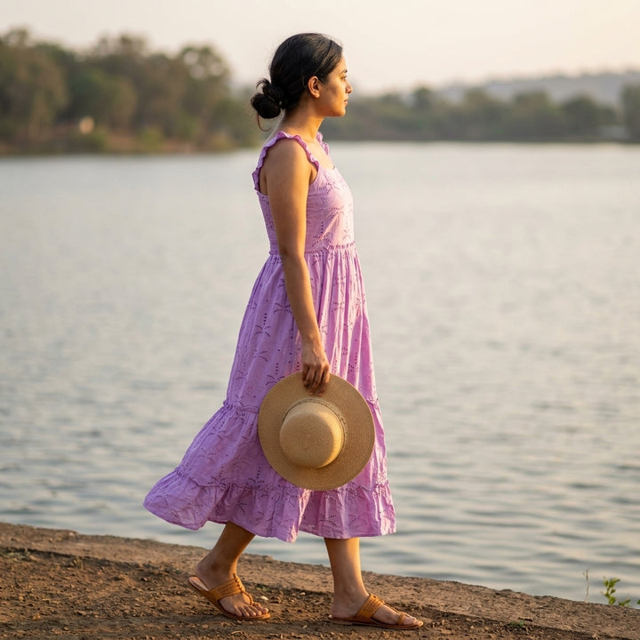 purple eyelet dress Lavendar Cotton Eyelet Tiered Dress with Pockets