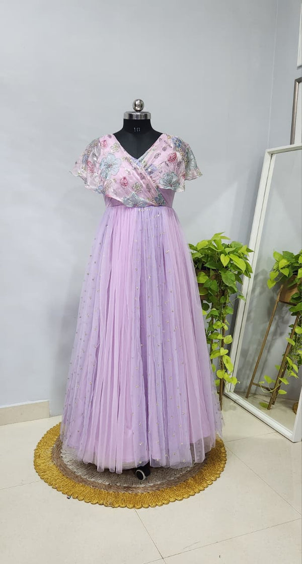 Lavender Floral Wrap Bodice Net Gown