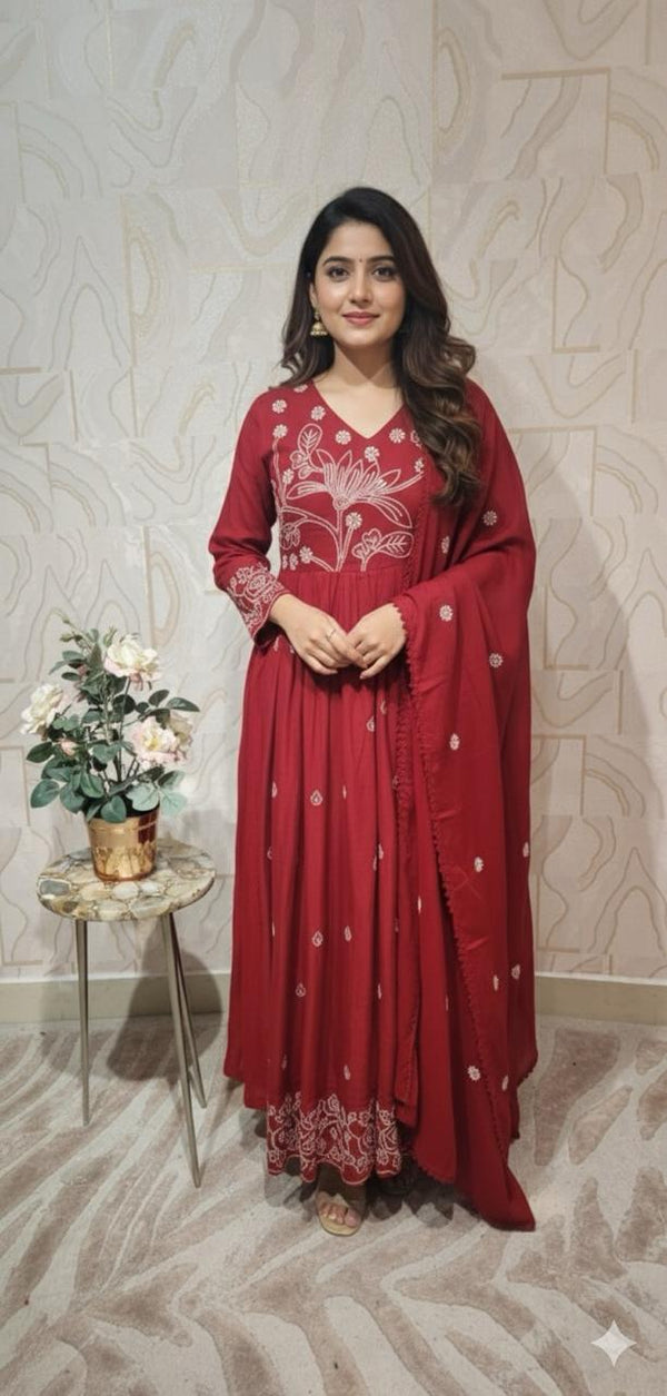 Z6605 - Maroon Emb Dress