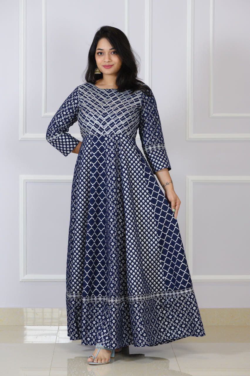 Cotton White & Blue Printed Stitched Frock Style Kurti - D1819 | Frock  style kurti, Frock style, Shirt casual style